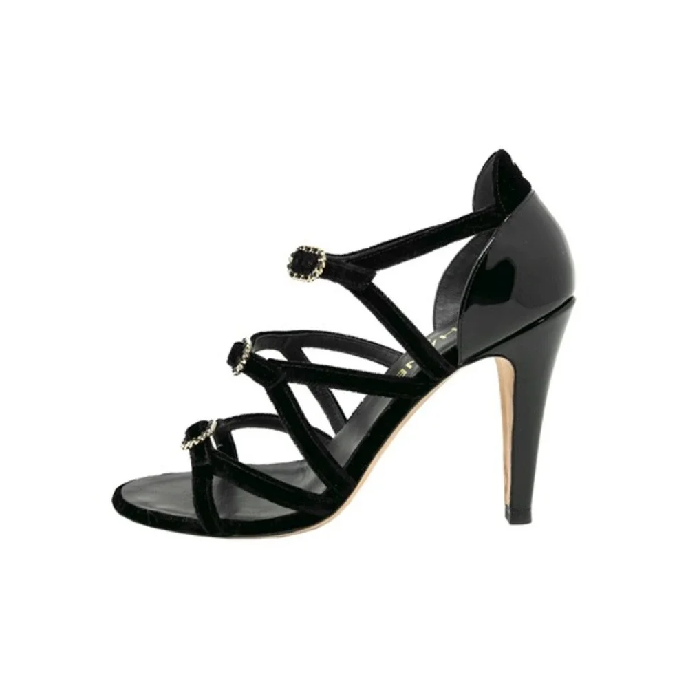 Chanel Black Velvet Patent Leather Strappy‎ Heels CC Logo 37